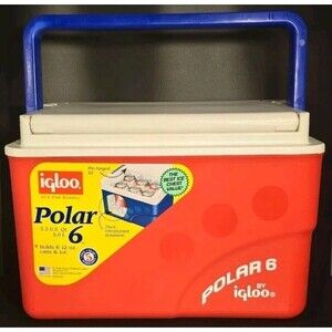 Vintage 2002 Igloo Cooler Retro Polar 6 Pack Red with Blue Handle Lunchbox